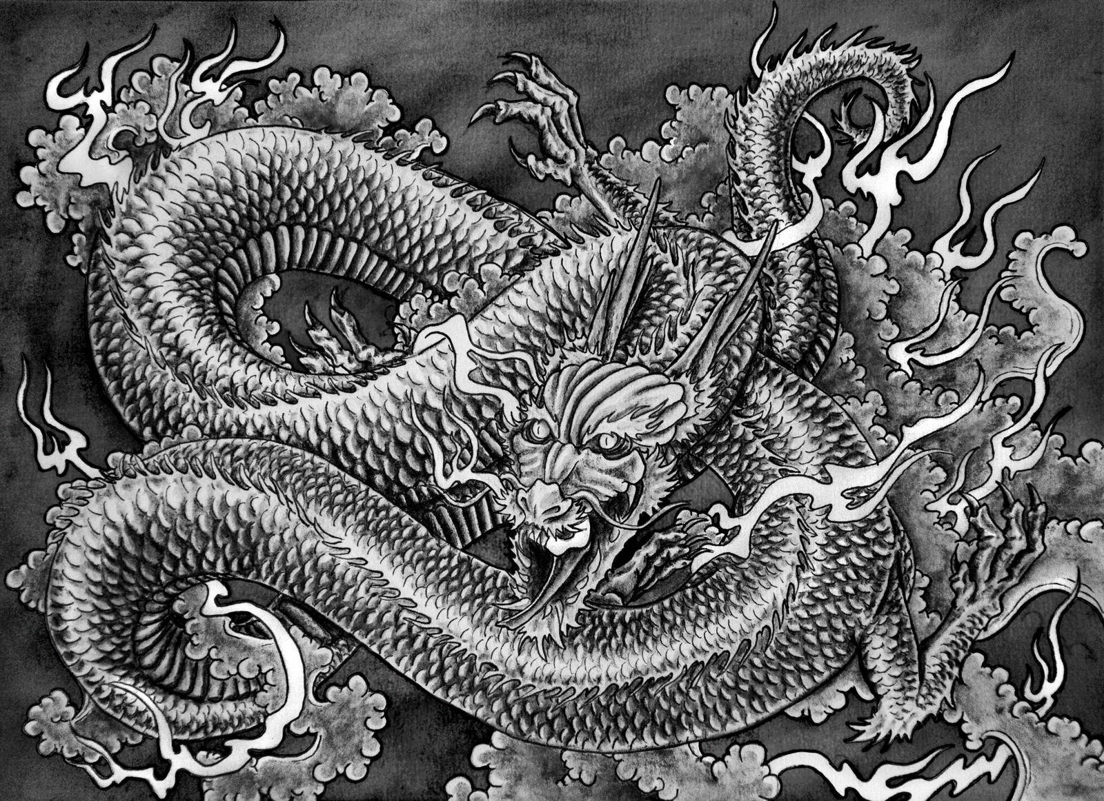 Japanese Dragon, black and white sketch, ink-drawn, HD Desktop Wallpaper