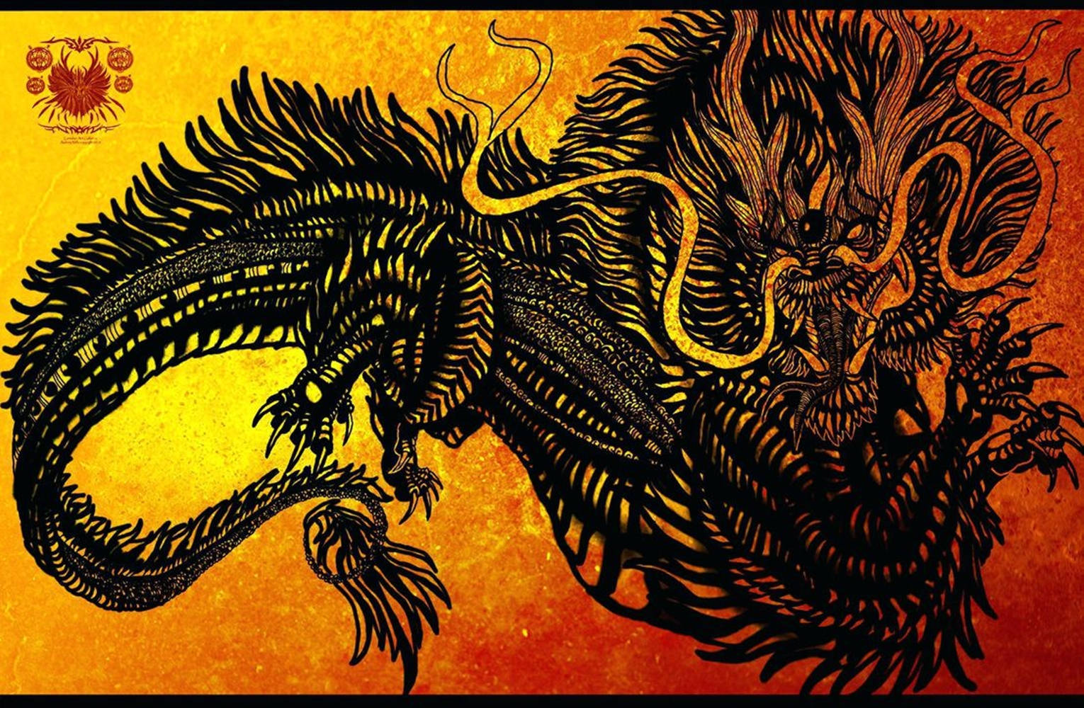 Japanese Dragon, black scales, fiery orange and yellow textured background, HD Desktop Wallpaper