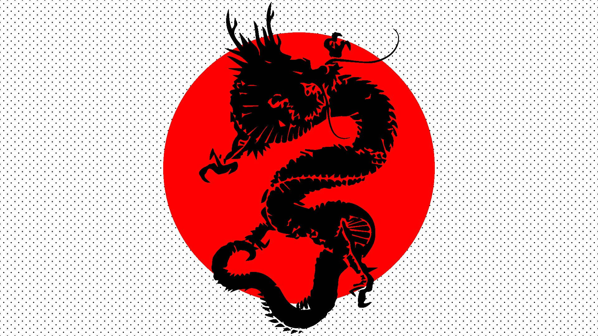 Japanese Dragon, red circular backdrop, black dragon silhouette, Full HD Desktop Wallpaper