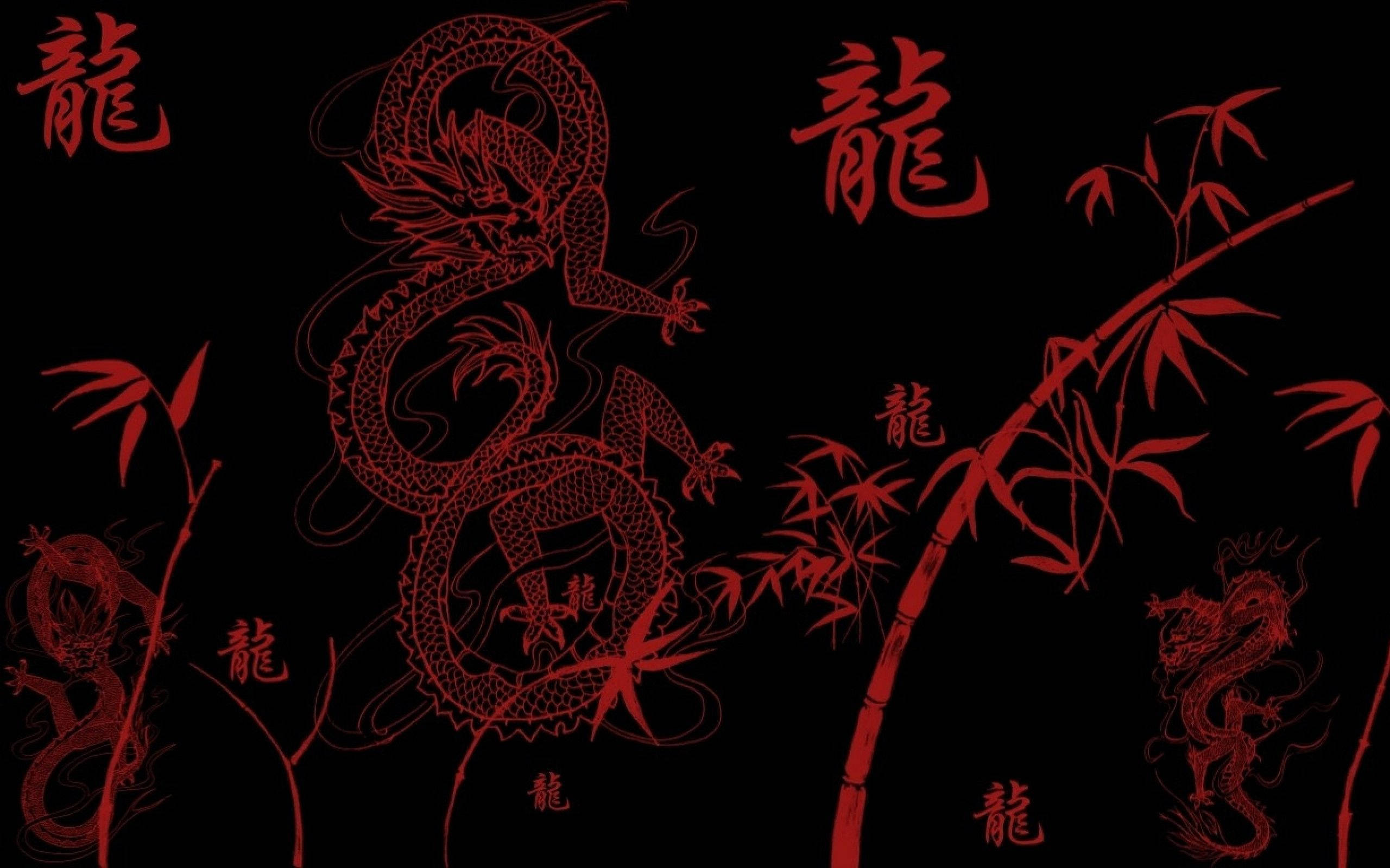 Japanese Dragon, red, bamboo stalks, 2K Desktop Wallpaper