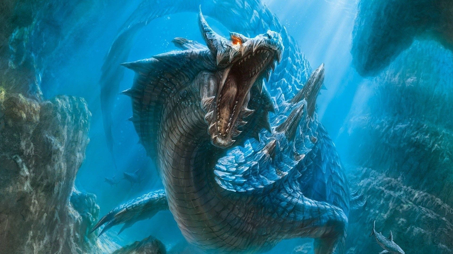 Japanese Dragon, blue-scaled, glowing orange eyes, Full HD Desktop Wallpaper