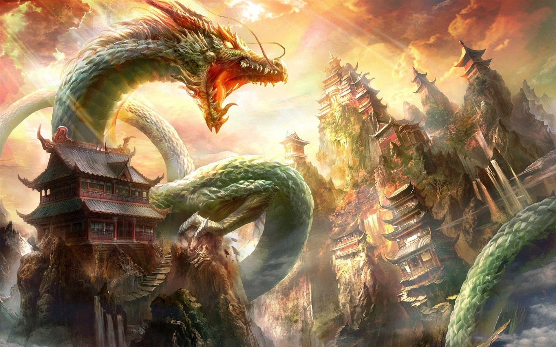 Japanese Dragon, temple, misty cliffs, Full HD Desktop Wallpaper