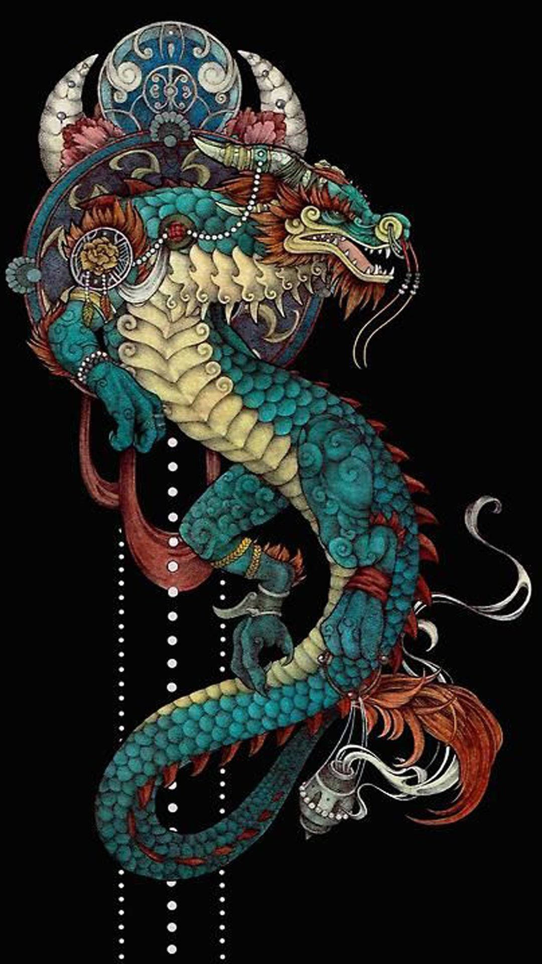 Japanese Dragon, turquoise, ornate patterns, Full HD Phone Wallpaper