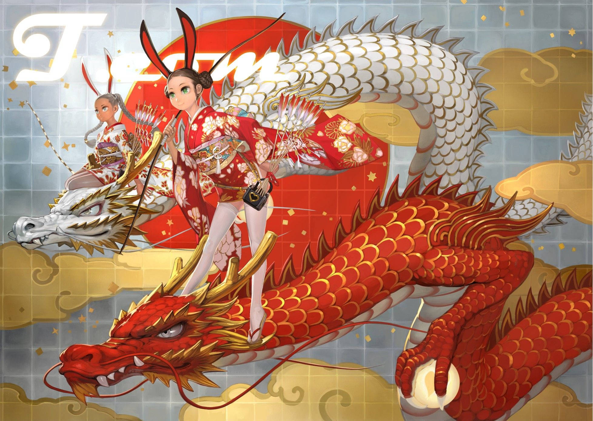 Japanese Dragon, golden scales, red and white dragons, Full HD Desktop Wallpaper
