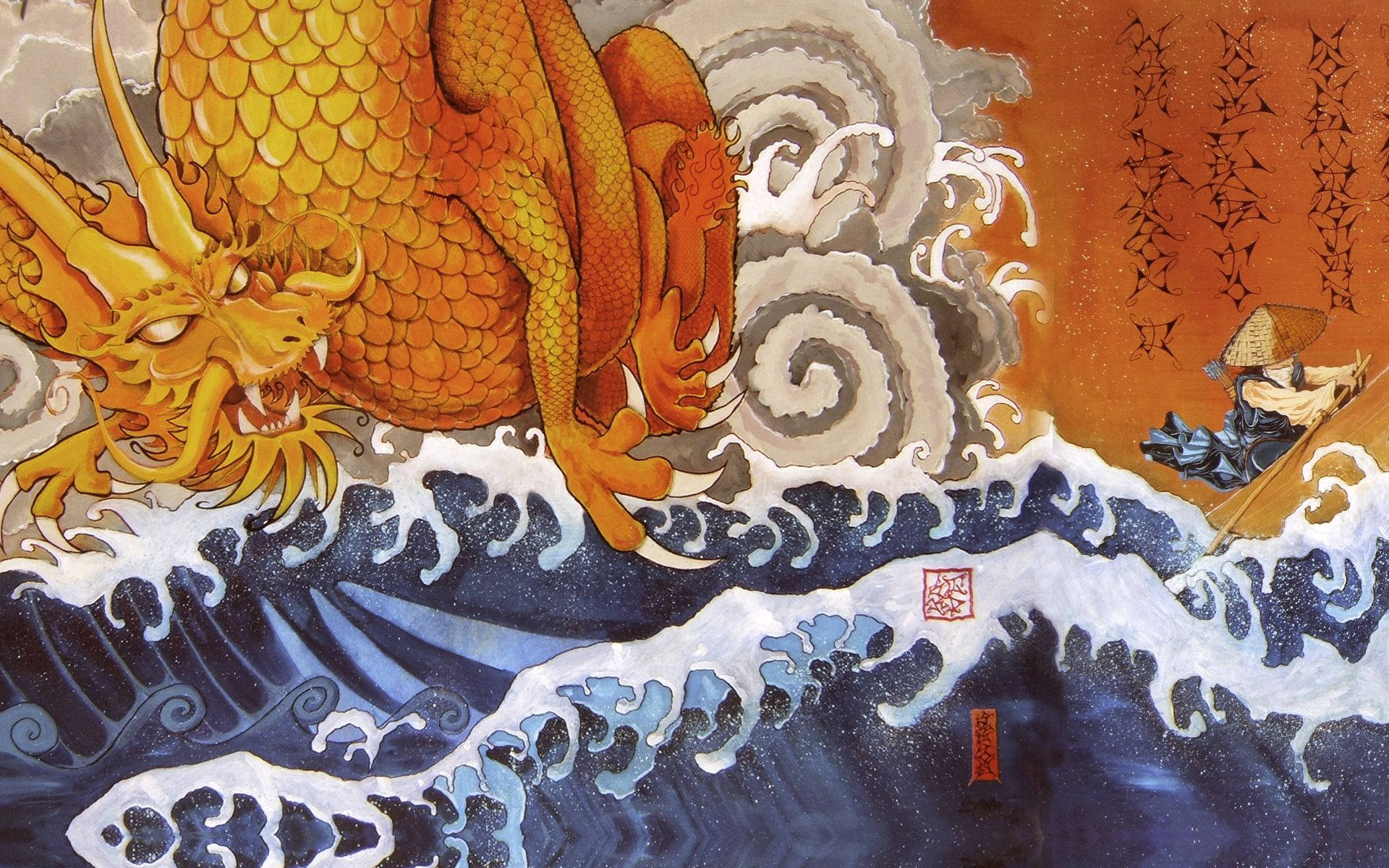Japanese Dragon, golden dragon, swirling ocean waves, Full HD Desktop Wallpaper