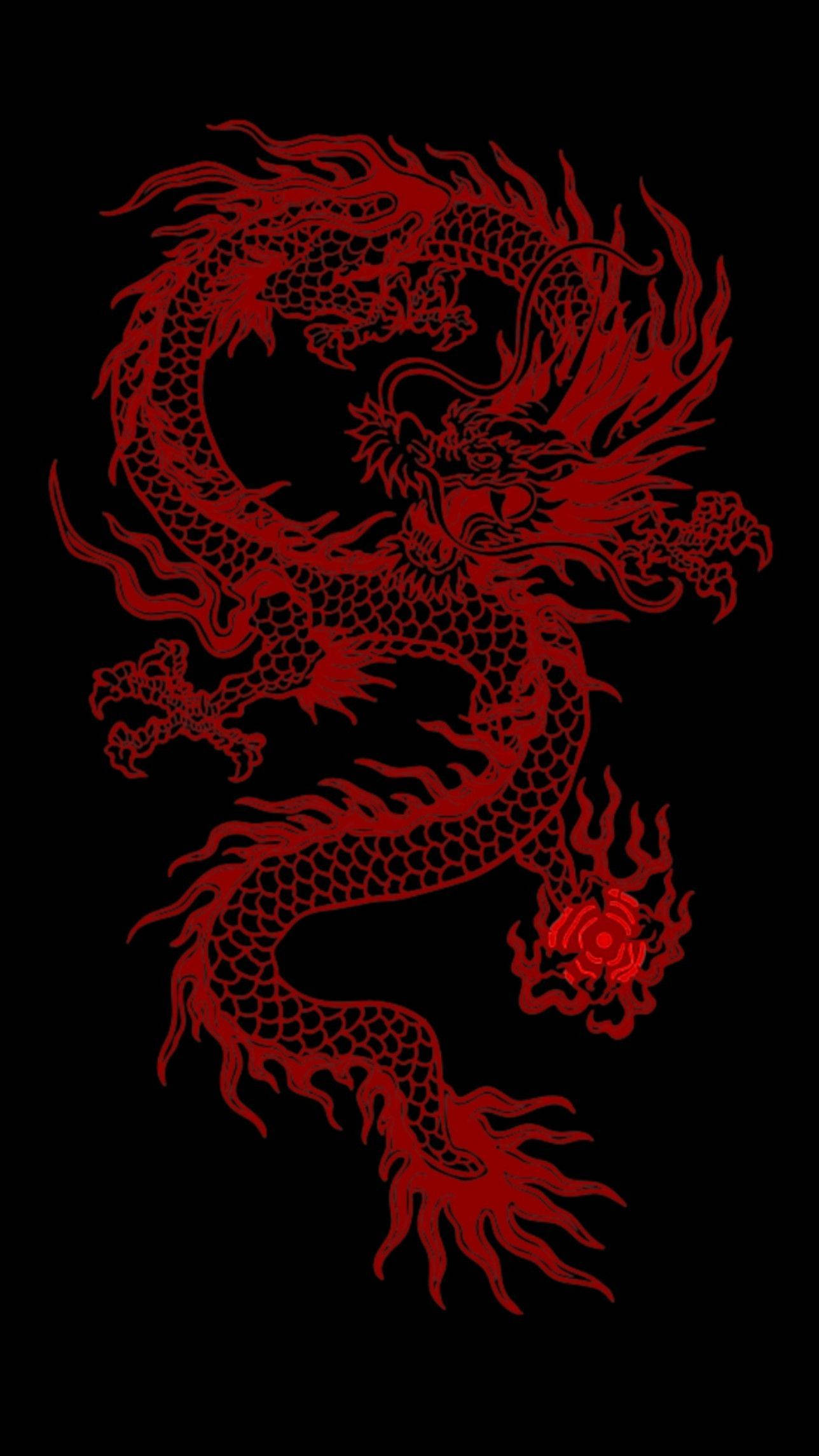 Japanese Dragon, red outline, flame-like mane, Full HD Phone Wallpaper