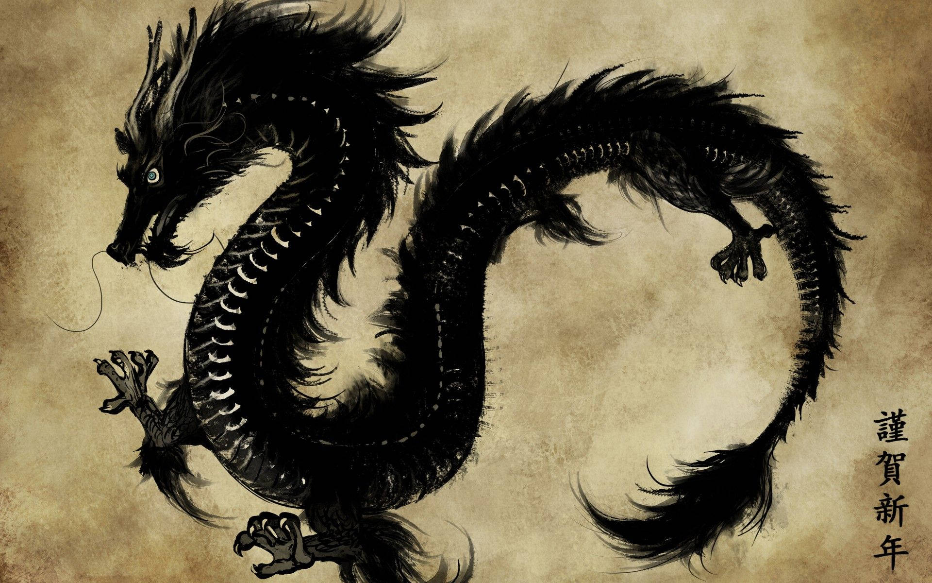 Japanese Dragon, black paint, glowing blue eyes, Full HD Desktop Wallpaper