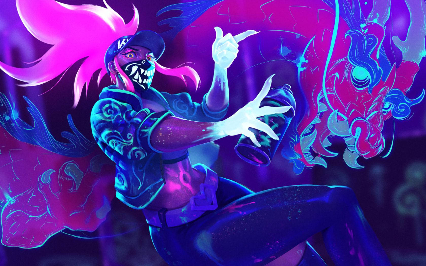 Japanese Dragon, pink hair, mask, HD Desktop Wallpaper