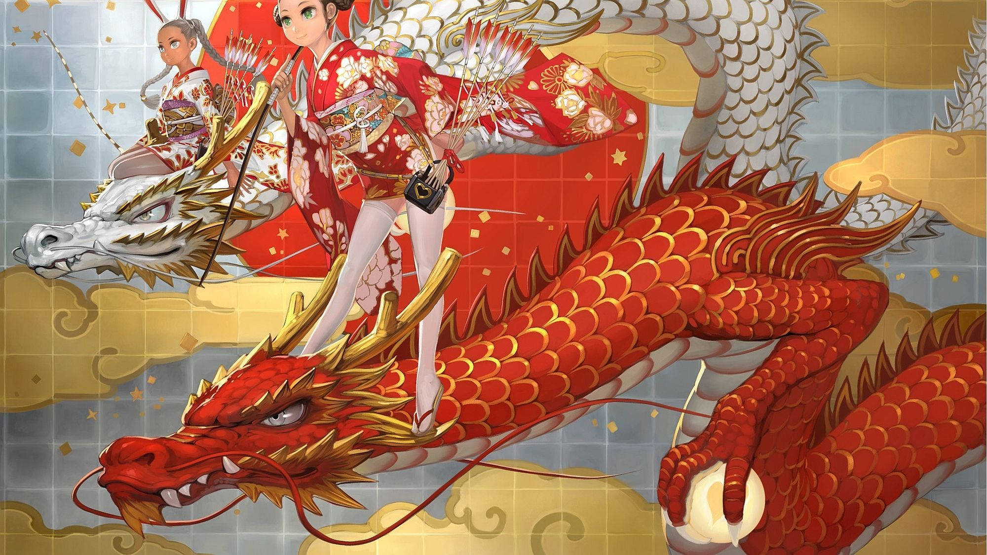red and white Japanese dragon, anime girls, red floral kimonos, Full HD Desktop Wallpaper