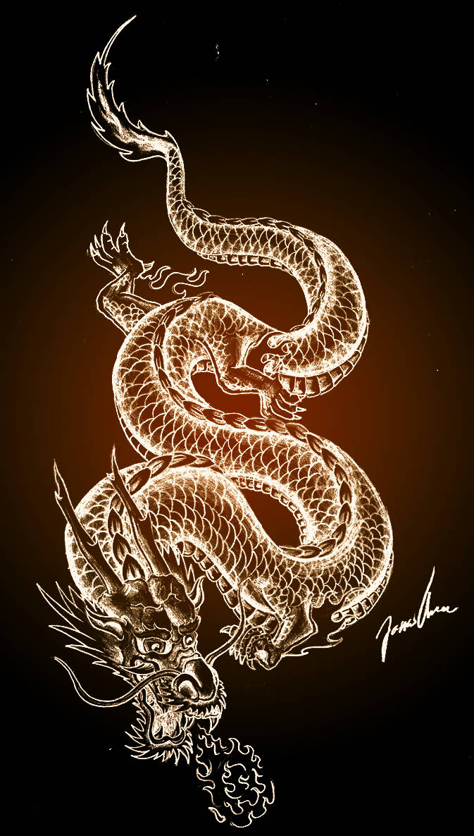 luminous japanese dragon, glowing golden dragon, dark gradient background, SD Phone Wallpaper