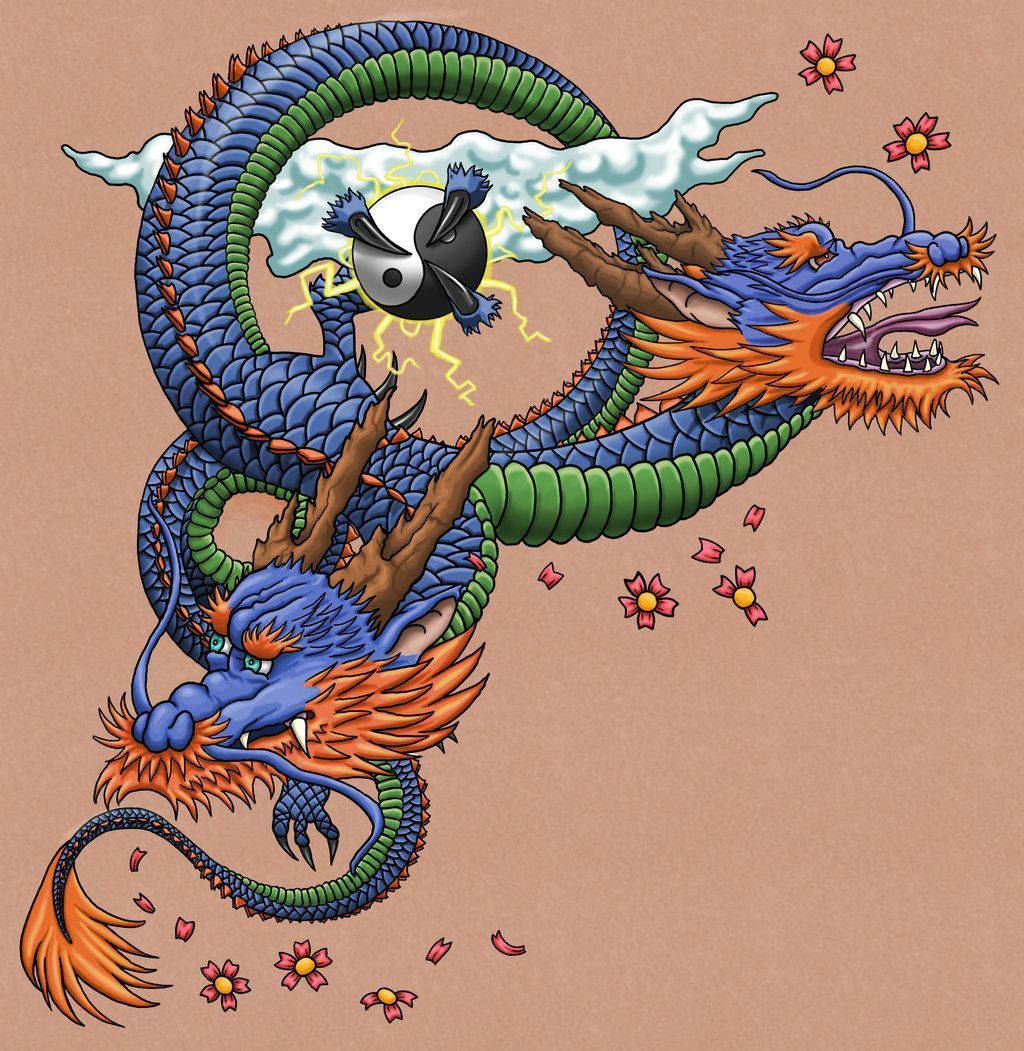 Japanese Dragon, two heads, yin yang symbol, SD Phone Wallpaper