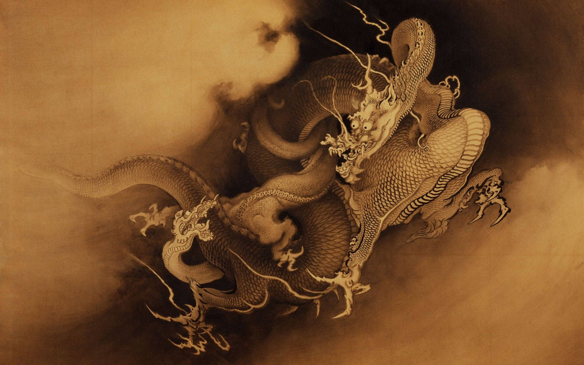 Japanese Dragon, brown scroll, ink-on-paper illustration, Full HD Desktop Wallpaper