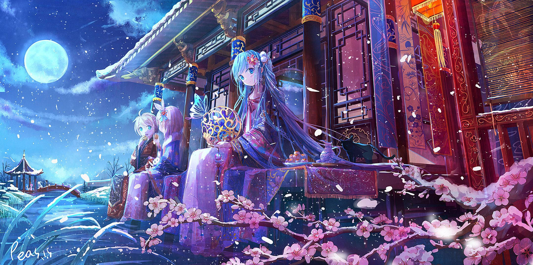 anime girls, traditional robes, full moon, Full HD Desktop Wallpaper