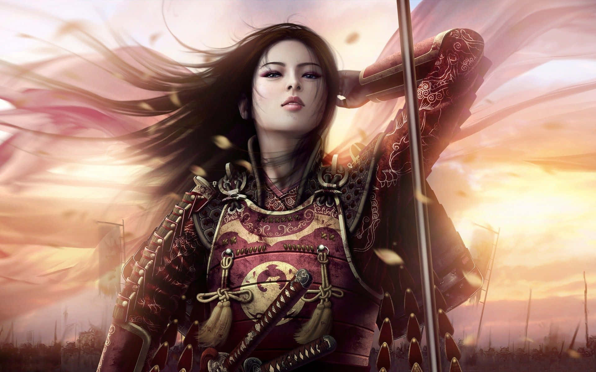 female samurai, ornate red armor, sword, Full HD Desktop Wallpaper