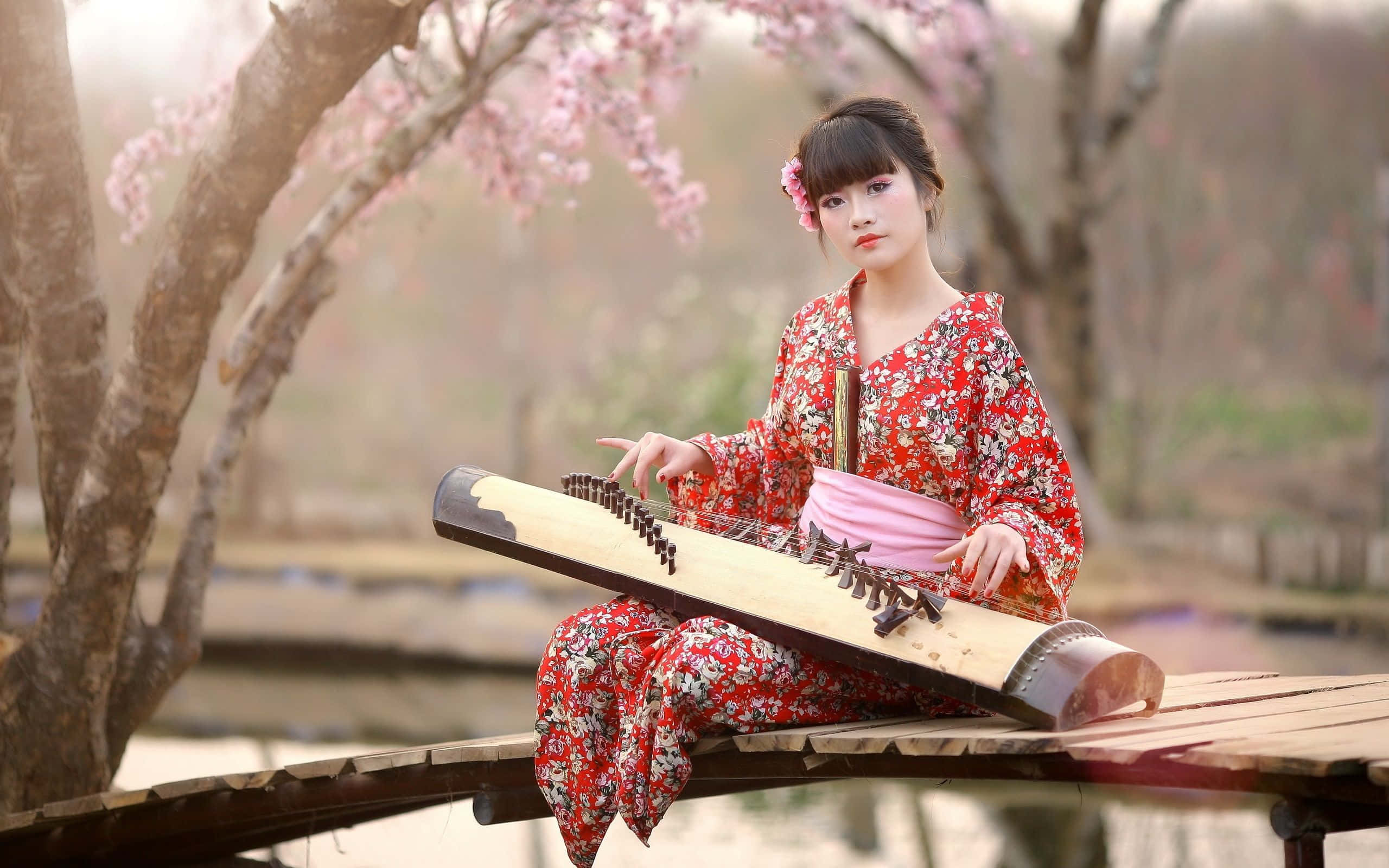 red floral kimono, guzheng, wooden bridge, 2K Desktop Wallpaper