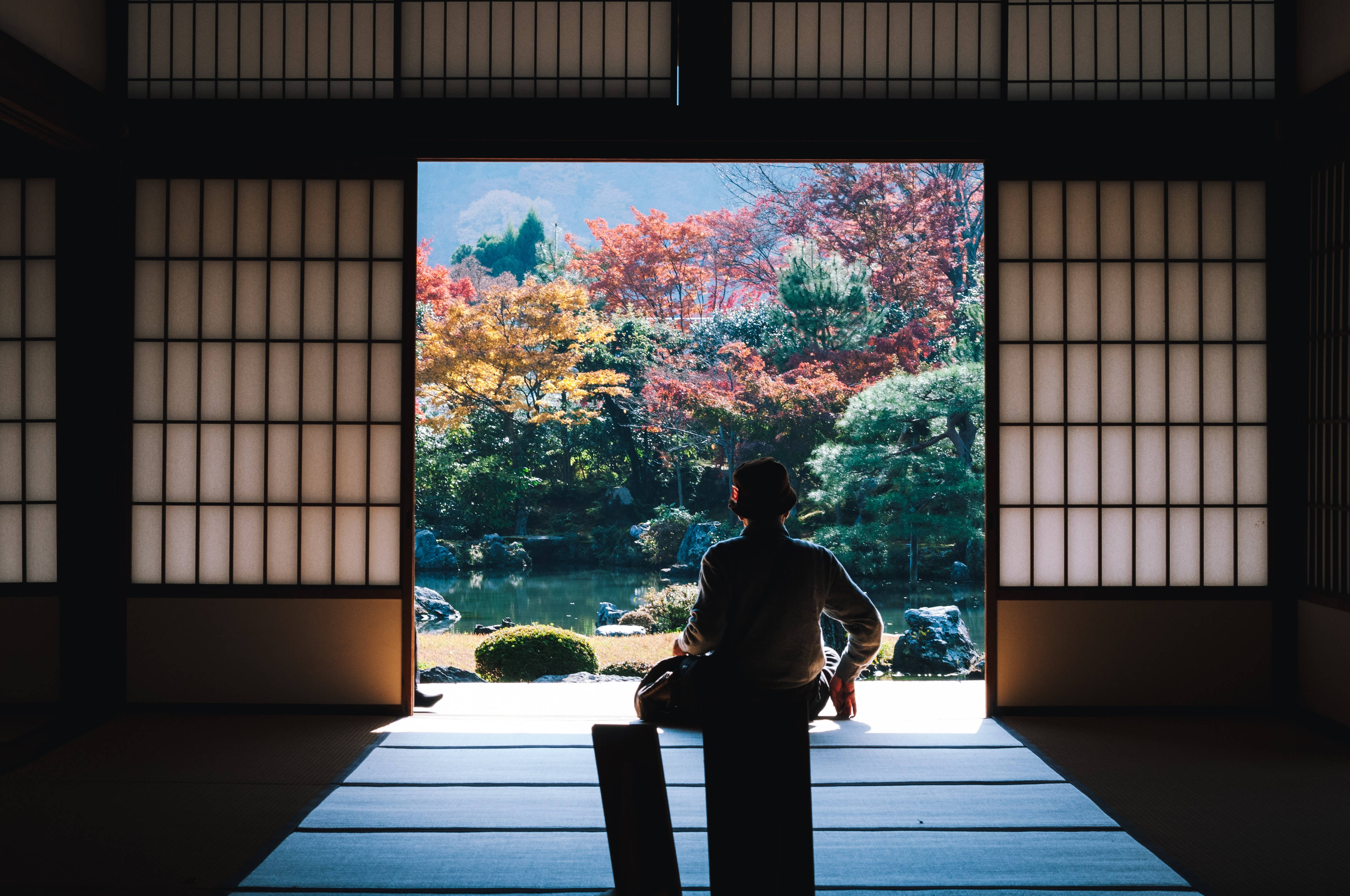 traditional Japanese room, tatami mat, silhouette, 4K Desktop Wallpaper