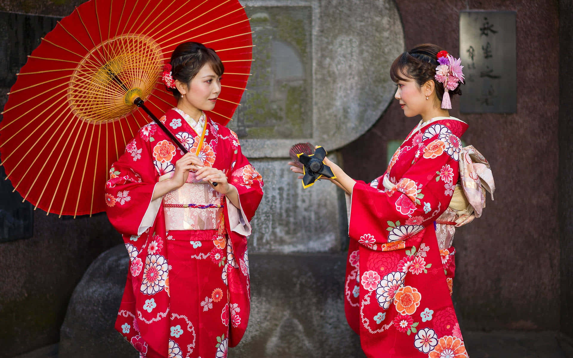 Japanese Red Women, vibrant red floral kimonos, red parasol, Full HD Desktop Wallpaper