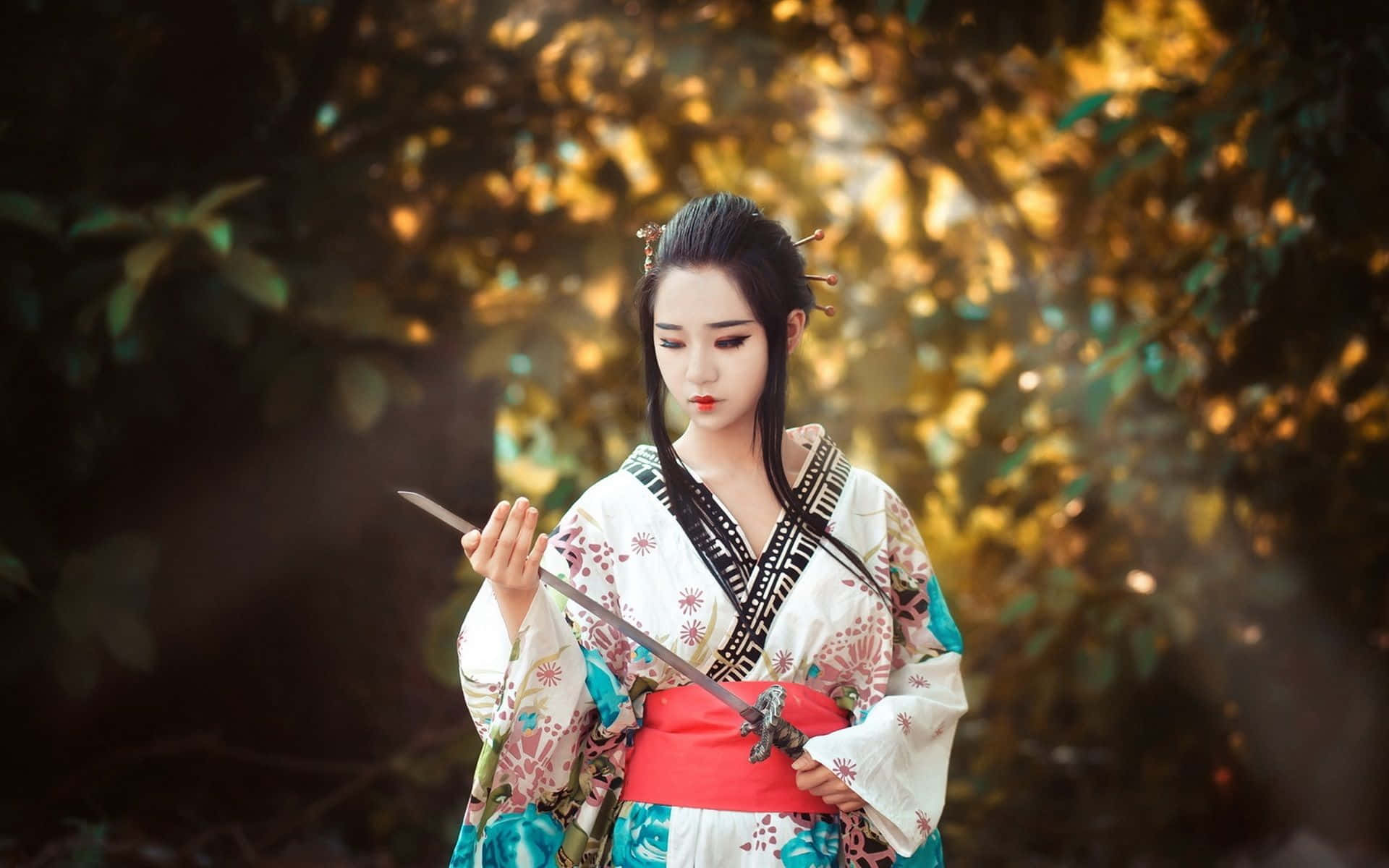 traditional Japanese attire, katana, sunlit forest, Full HD Desktop Wallpaper