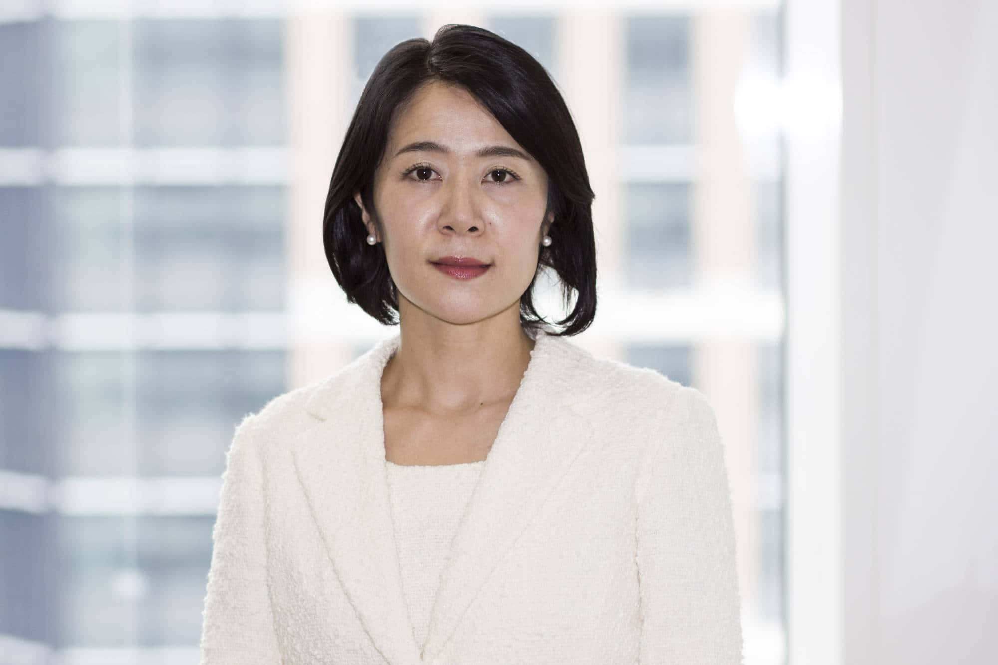 Japanese Corporate Women, white textured blazer, modern office window backdrop, Full HD Desktop Wallpaper
