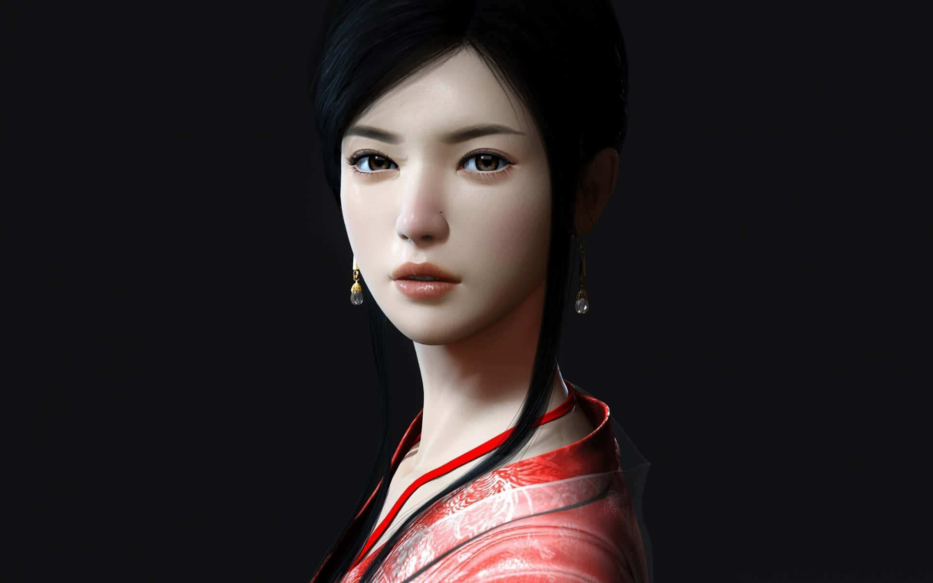 Japanese Anime Women, black hair, red traditional attire, Full HD Desktop Wallpaper