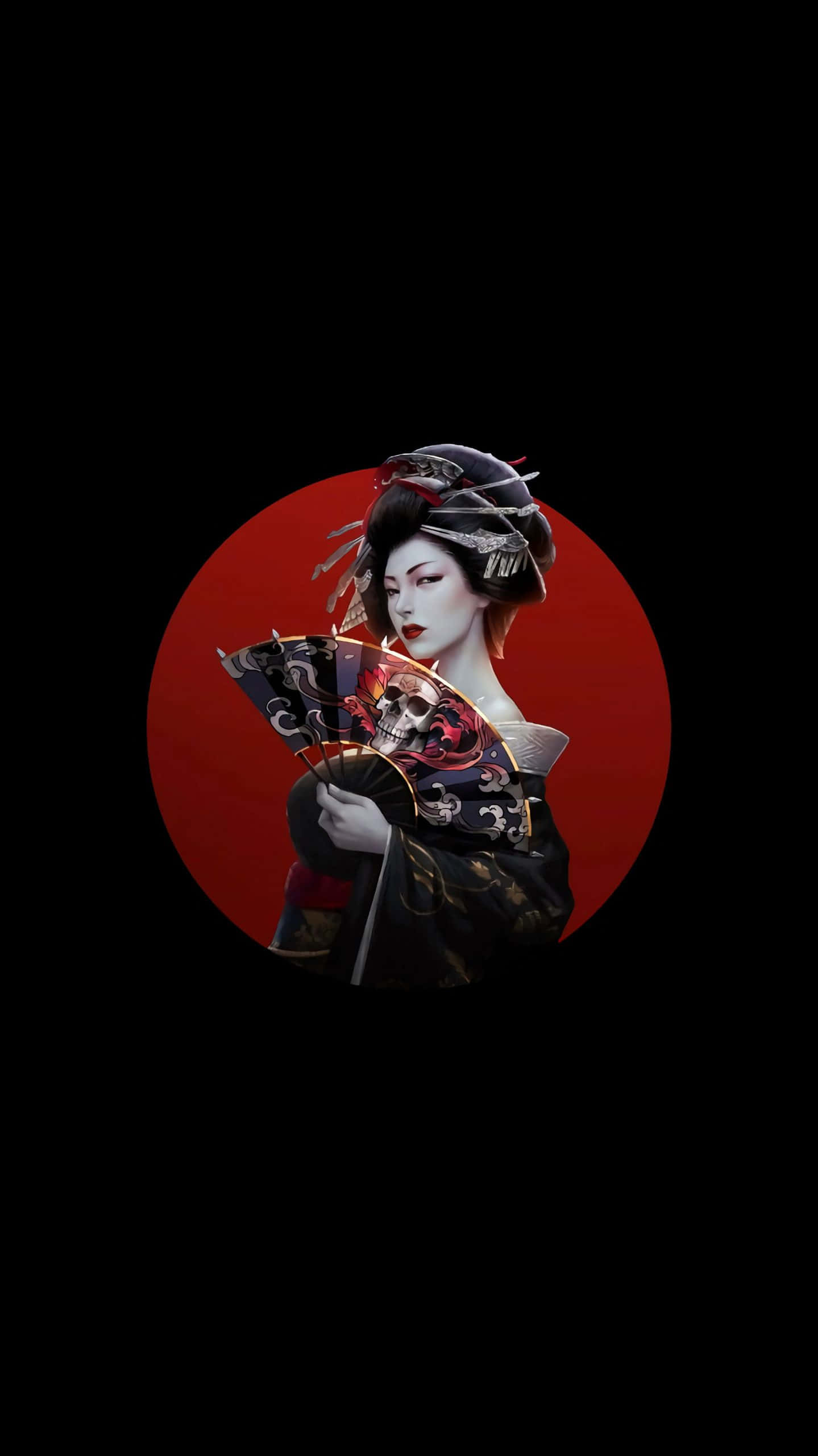 geisha, skull fan, red circle, 2K Phone Wallpaper