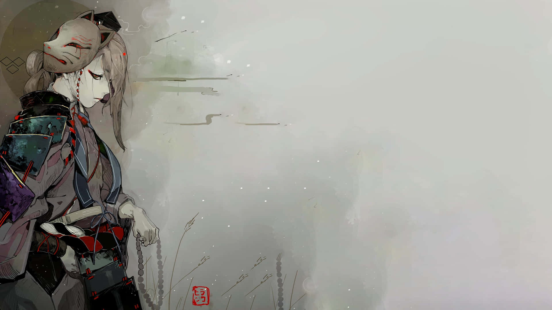 anime fox spirit, traditional attire, prayer beads, Full HD Desktop Wallpaper