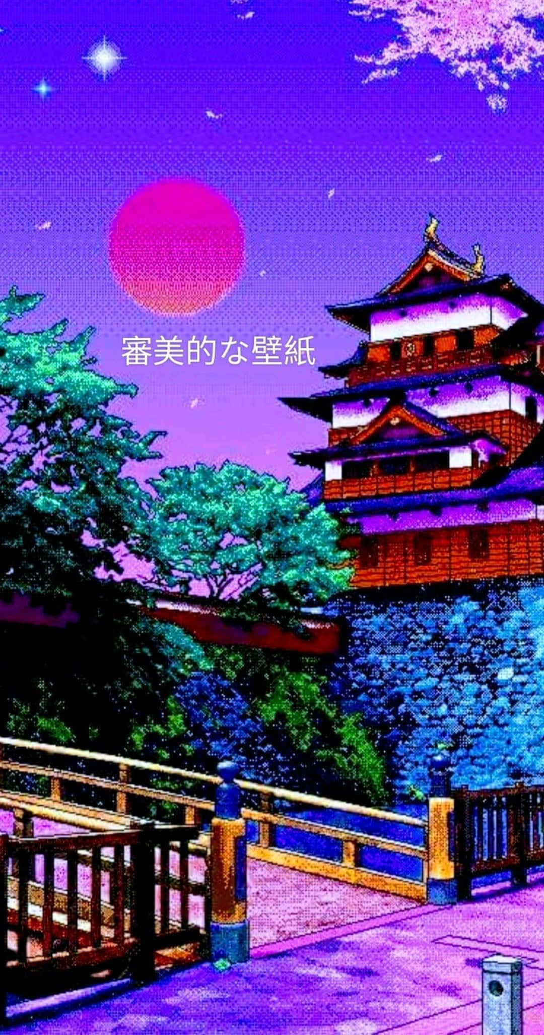 Japanese iPhone, anime-style castle, pink sun, Full HD Phone Wallpaper