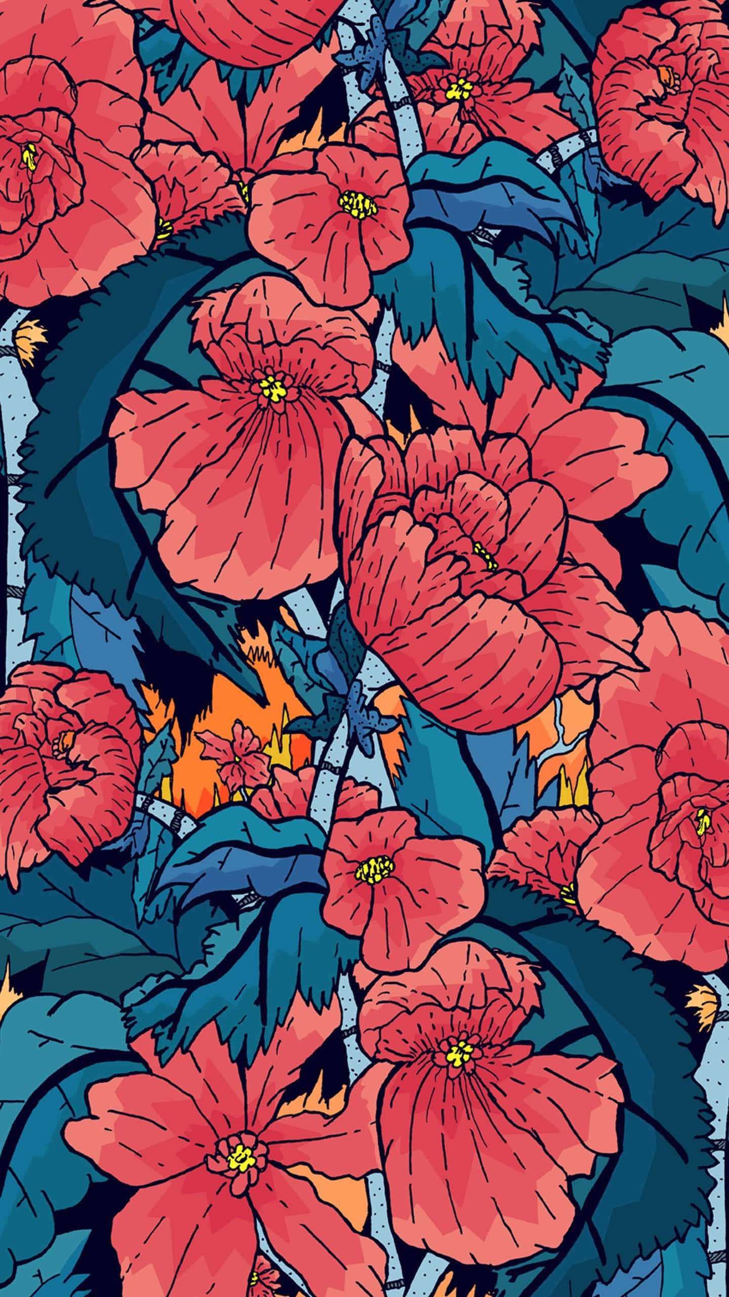 Japanese iPhone, vibrant red flowers, yellow centers, 2K Phone Wallpaper