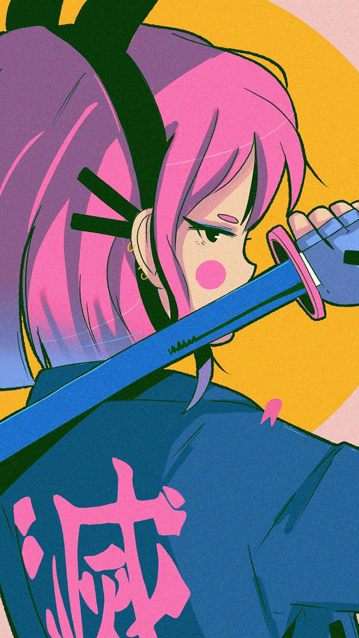 pink-haired anime girl, blue kimono, katana, Full HD Phone Wallpaper