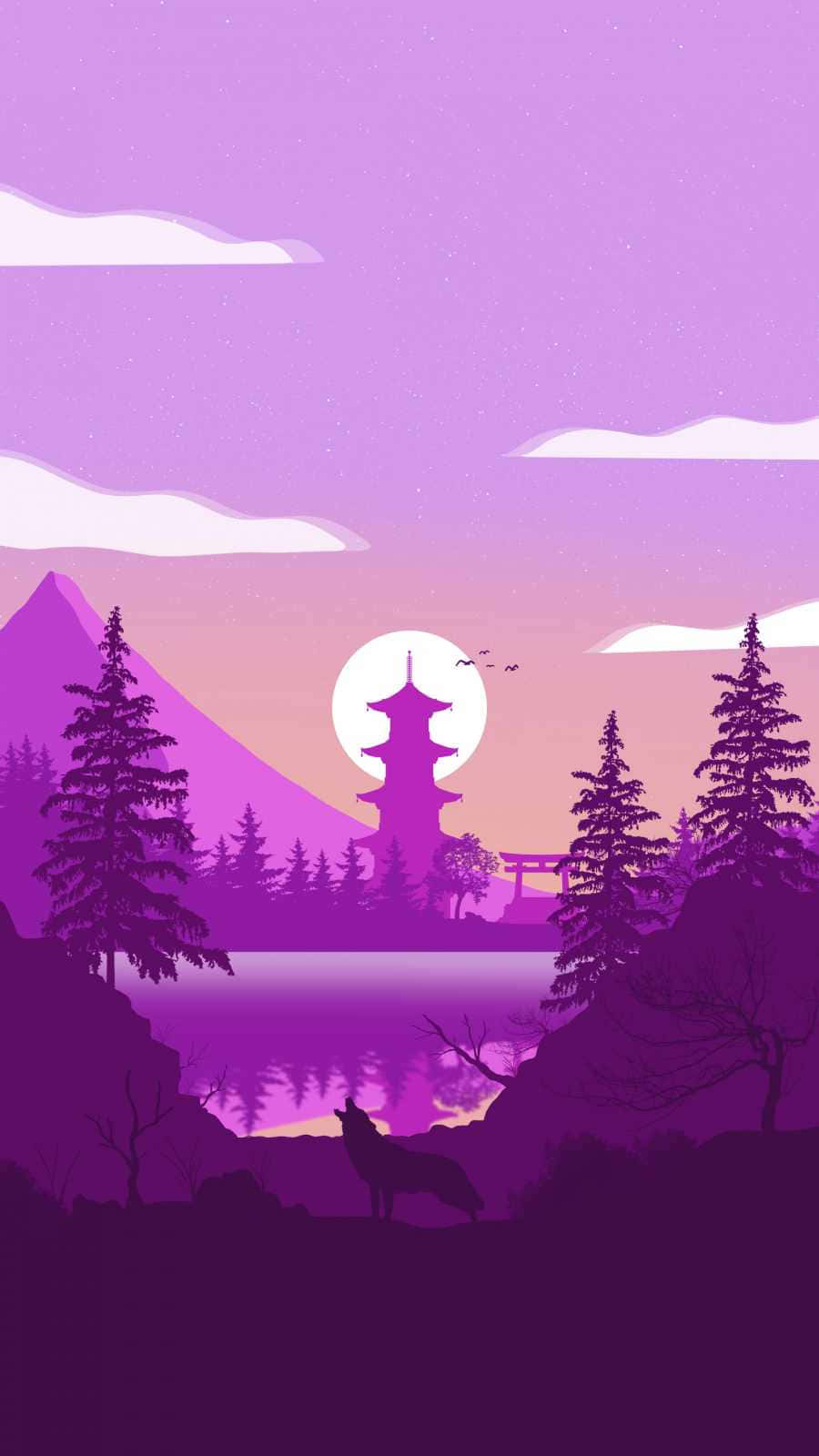 purple-hued twilight, wolf silhouette, lake, HD Phone Wallpaper
