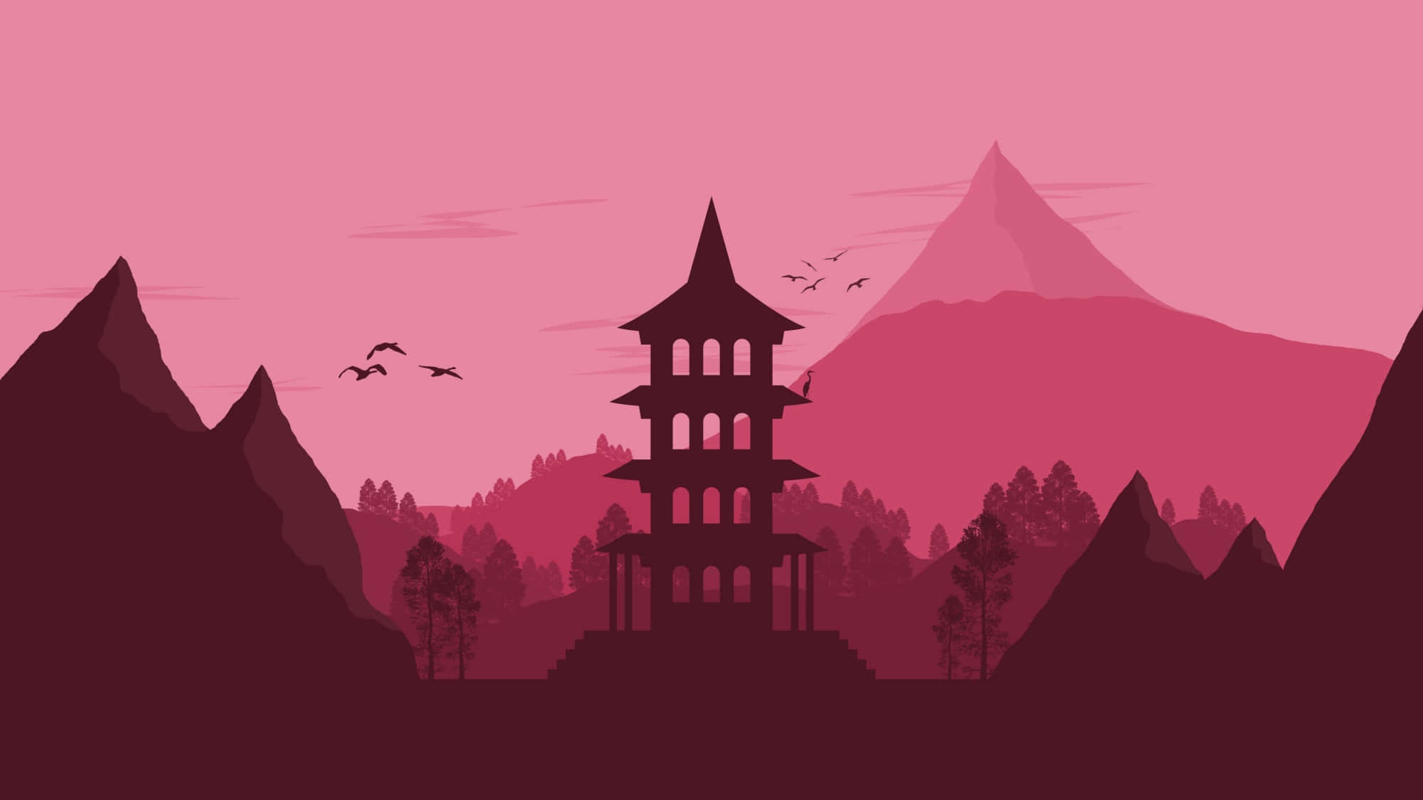 Japanese Minimalist, pagoda, gradient pink and magenta, Full HD Desktop Wallpaper
