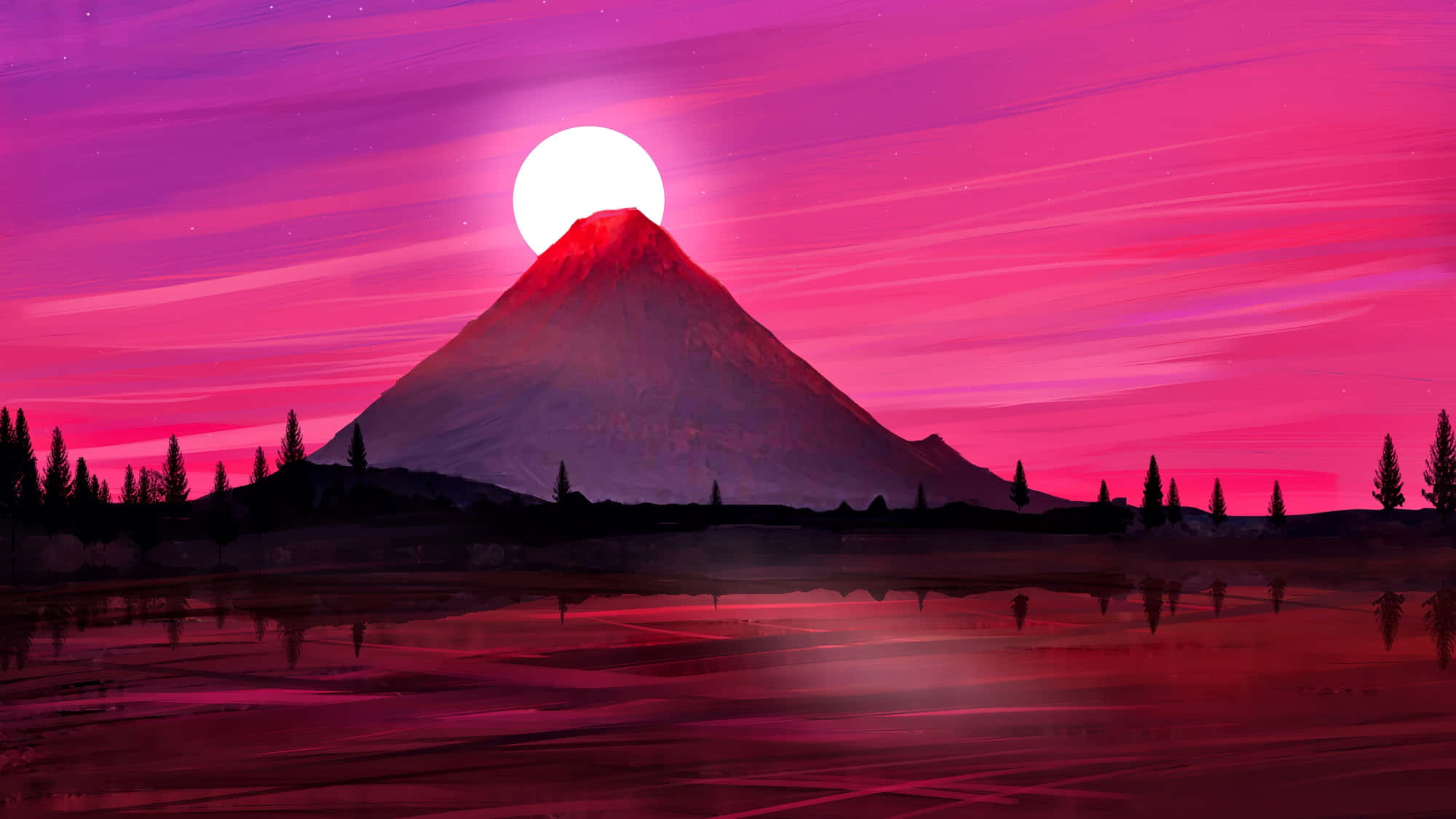 Japanese Minimalist, mountain peaks, glowing white sun, Full HD Desktop Wallpaper