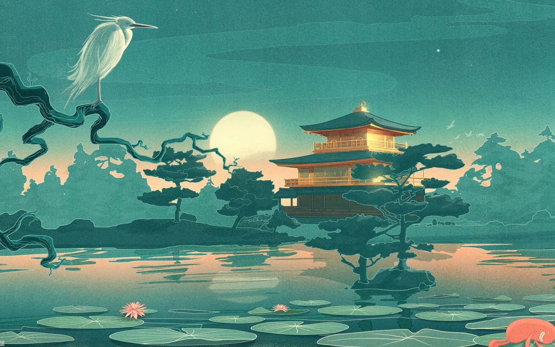 Japanese Minimalist, pagoda, moonlit, Full HD Desktop Wallpaper