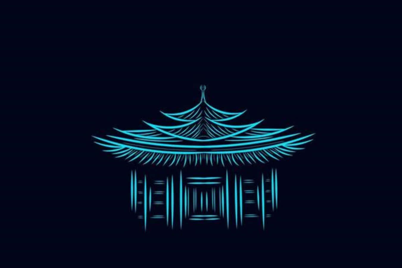 cyan line-art pagoda silhouette, deep navy background, Traditional House Japanese Minimalist Art, HD Desktop Wallpaper