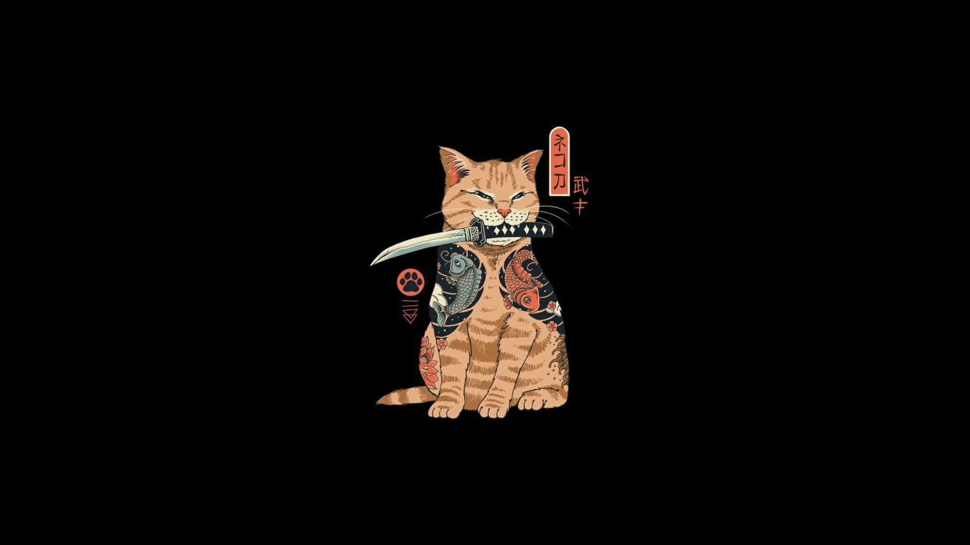 orange tabby cat, traditional Japanese tattoo designs, black background, Full HD Desktop Wallpaper