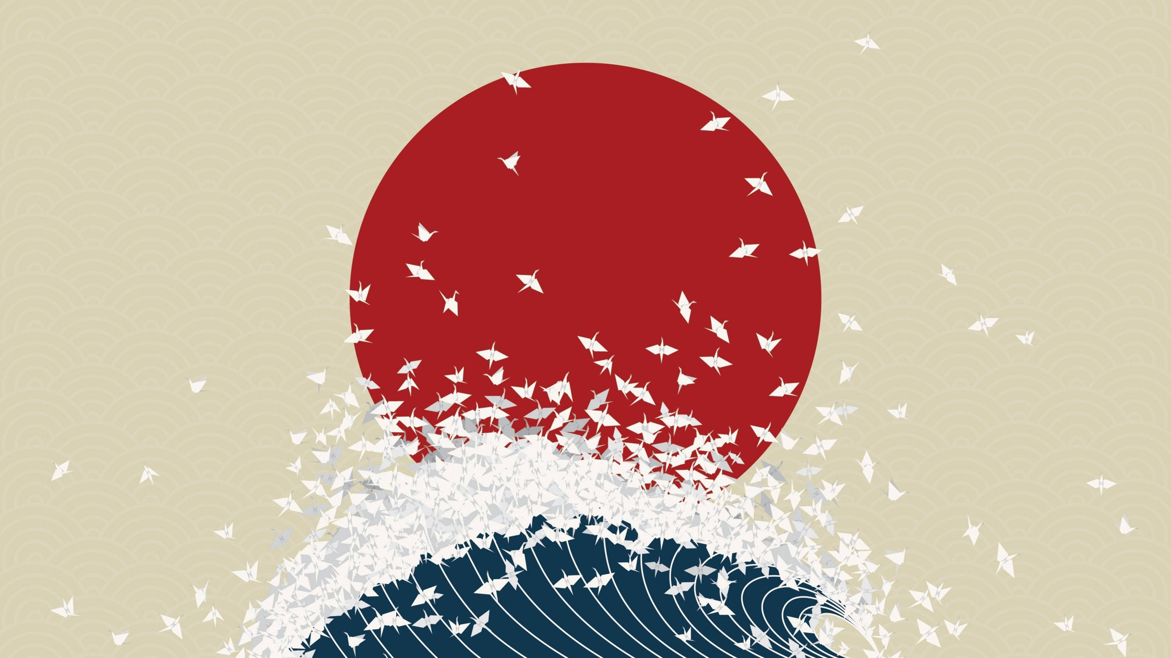 red sun, blue wave, white paper cranes, 4K Desktop Wallpaper