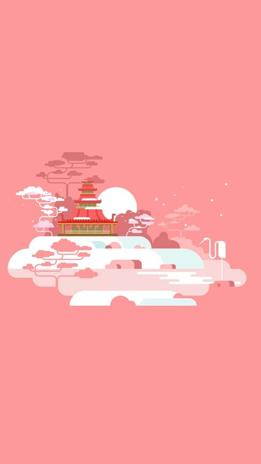 red pagoda, soft pink sky, full moon, HD Phone Wallpaper