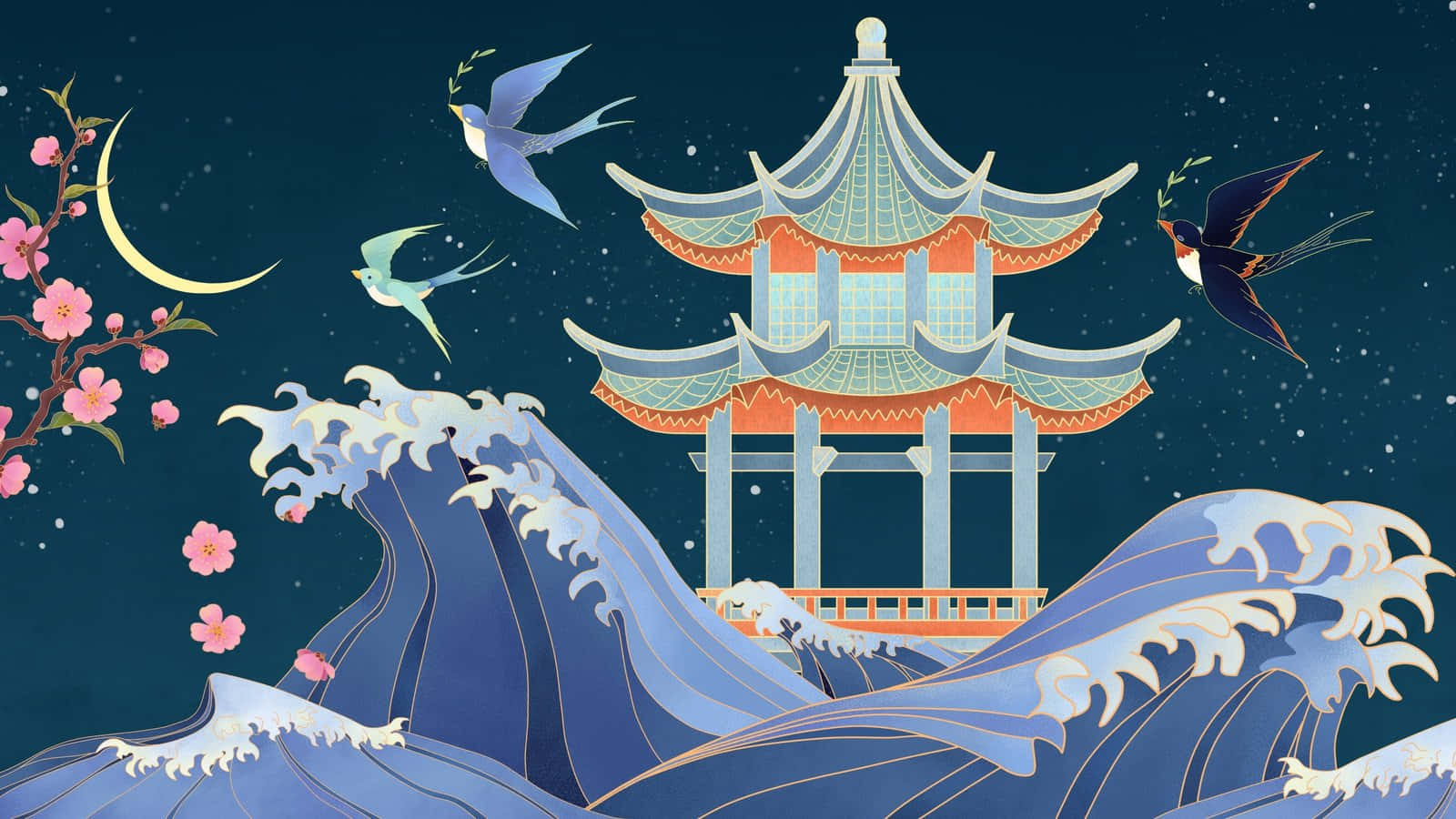 pagoda, crashing blue waves, crescent moon, HD Desktop Wallpaper
