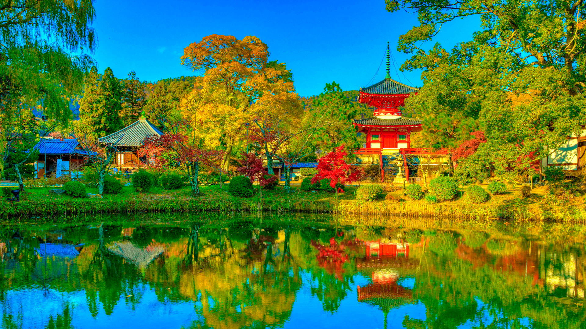 green lake, red pagoda, traditional buildings, Full HD Desktop Wallpaper