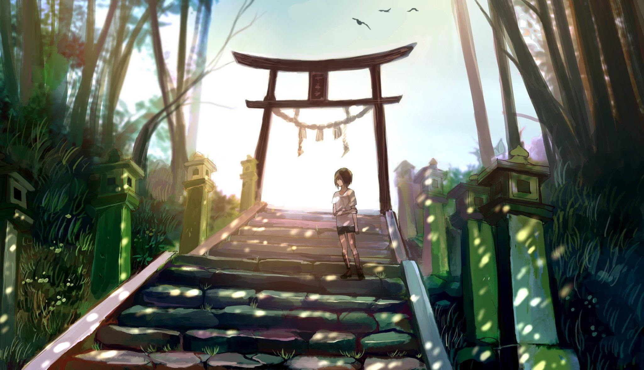 shrine stairs, stone steps, glowing torii gate, Full HD Desktop Wallpaper