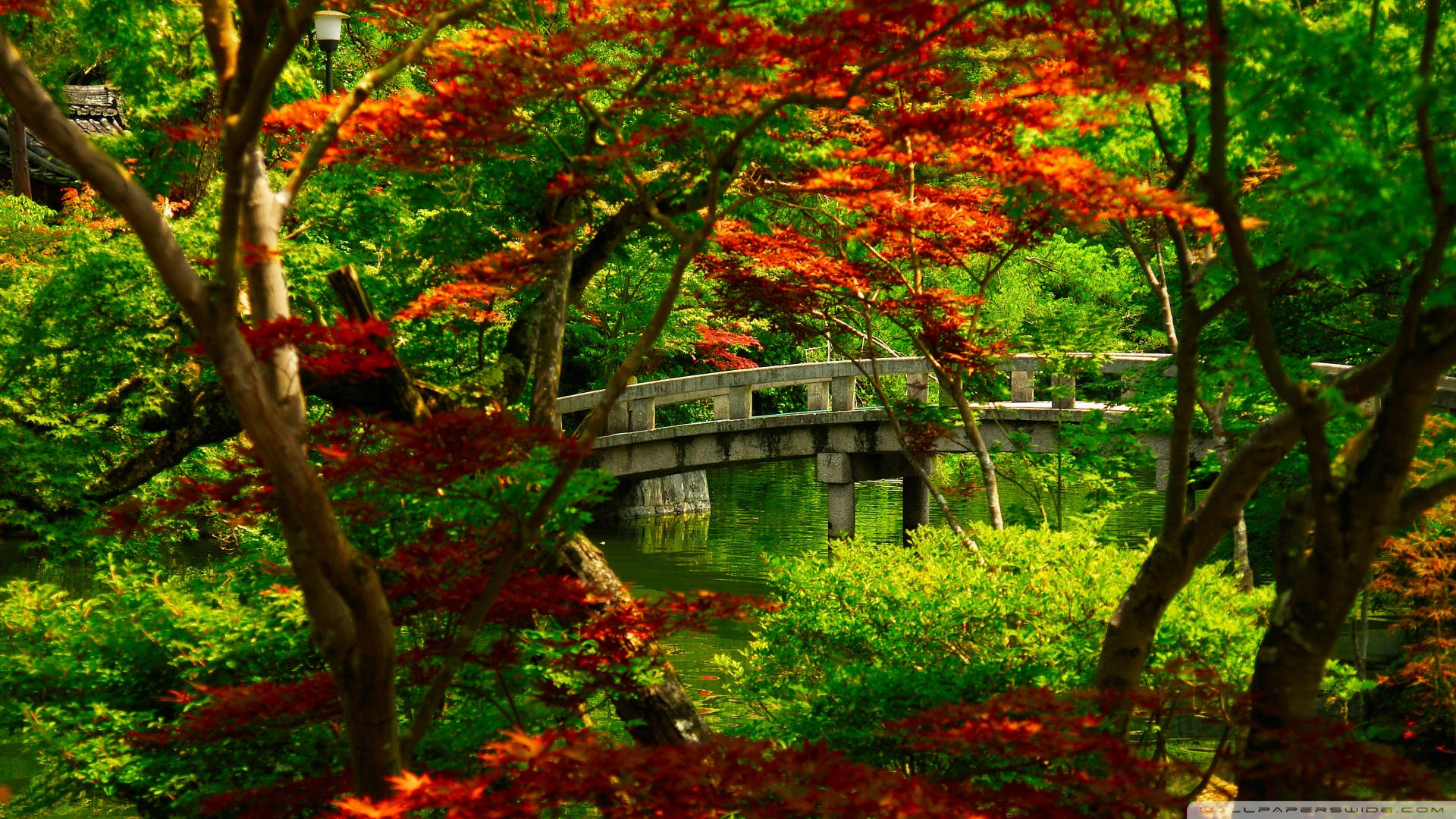 Japanese Nature, stone bridge, tranquil pond, Full HD Desktop Wallpaper