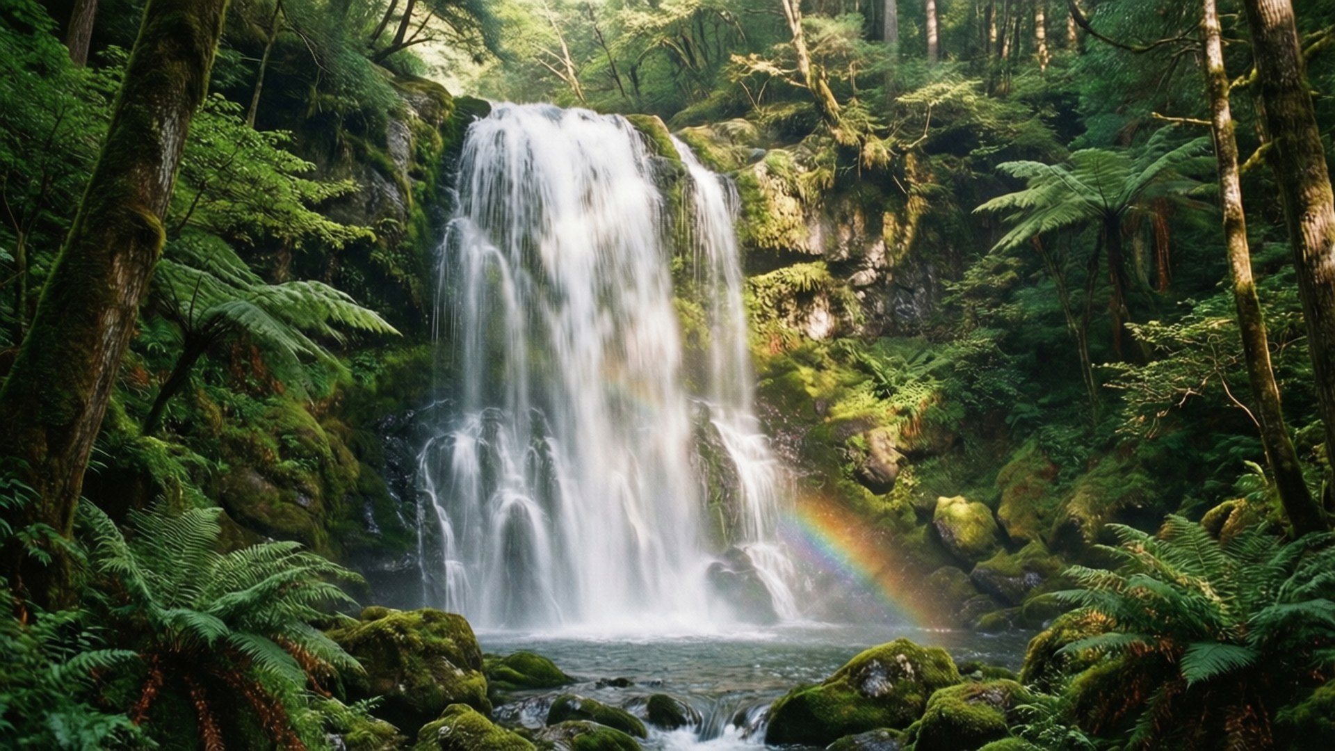 forest, waterfall, rainbow, Full HD Desktop Wallpaper