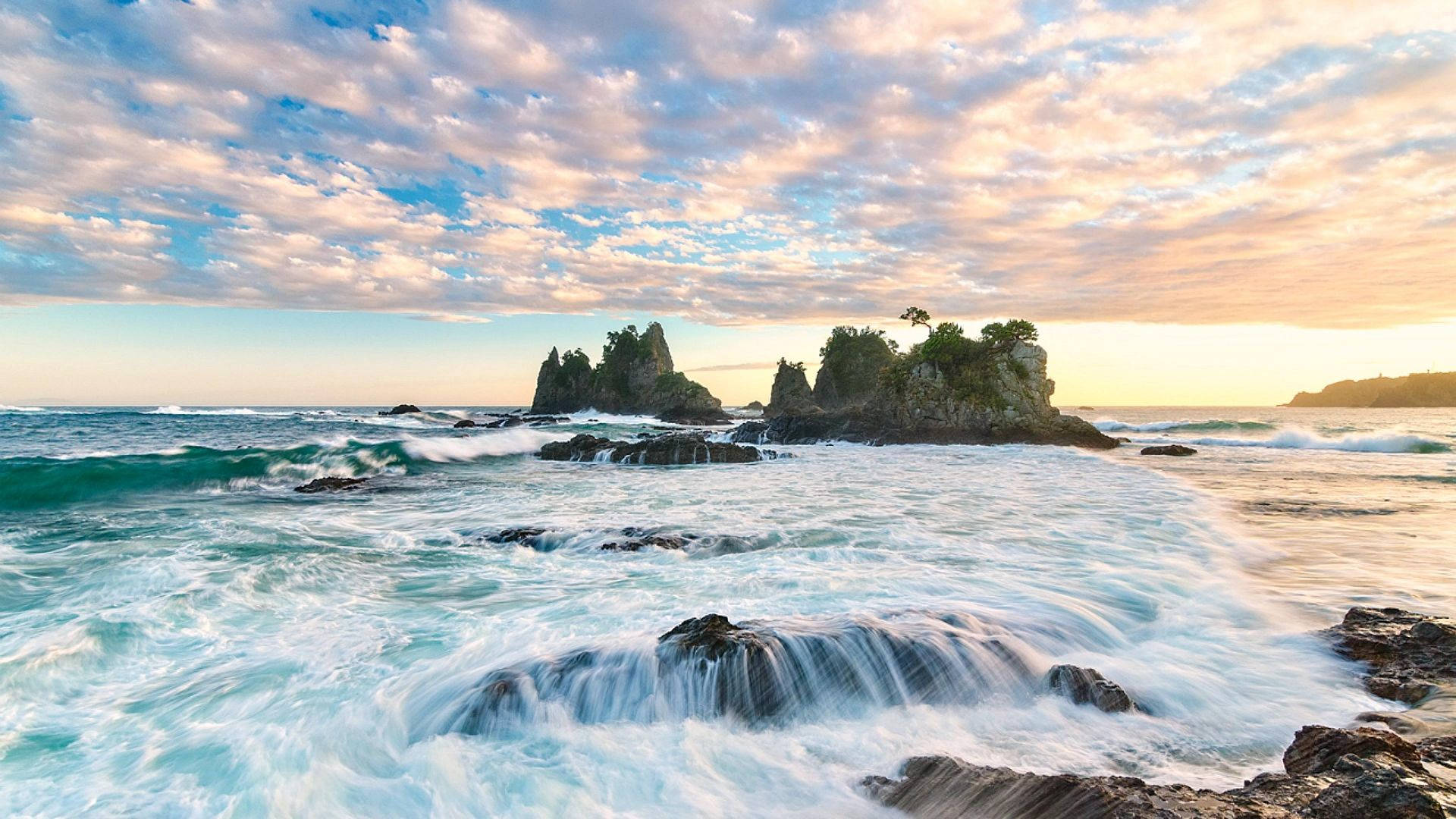 Sunset, turquoise sea, crashing turquoise waves, Full HD Desktop Wallpaper