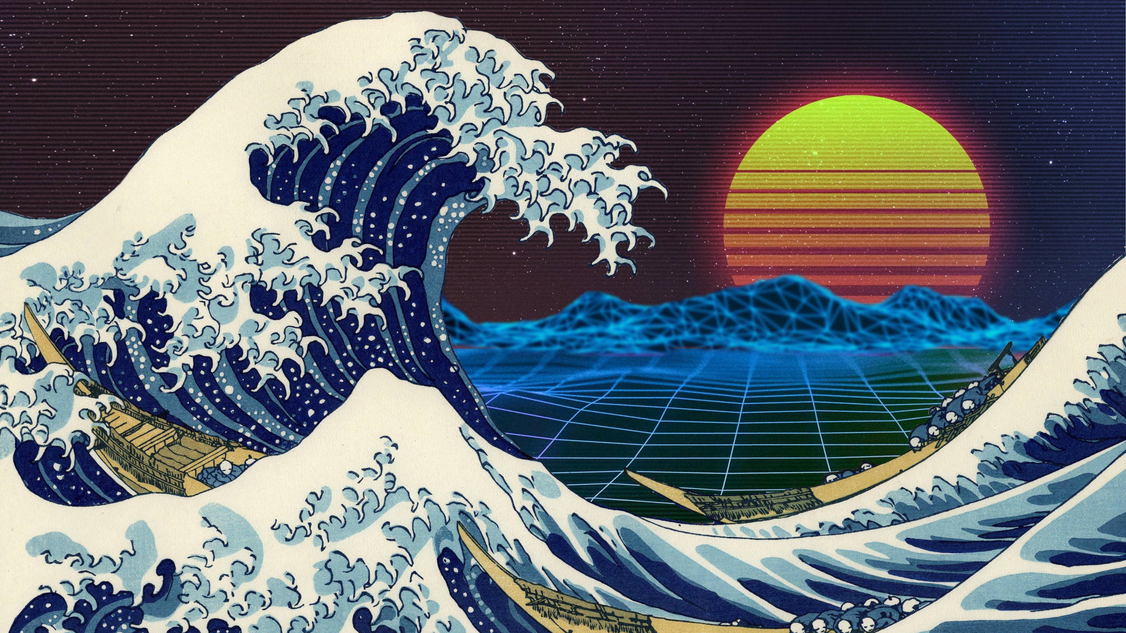 3840x2160 monitor, retro-futuristic wave, ukiyo-e style, 4K Desktop Wallpaper