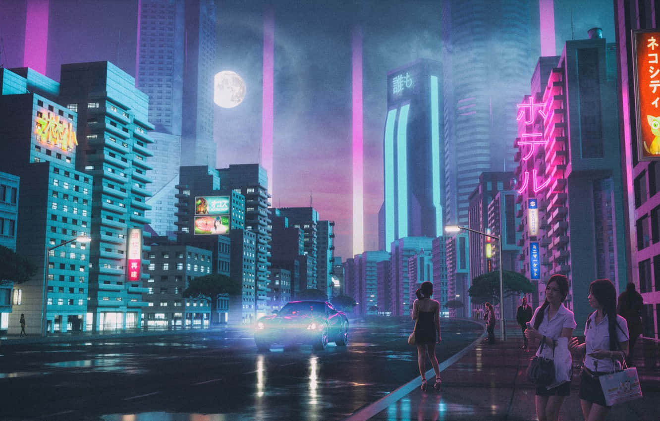neon-drenched cyberpunk city, glowing signs, rain-slicked pavement, HD Desktop Wallpaper