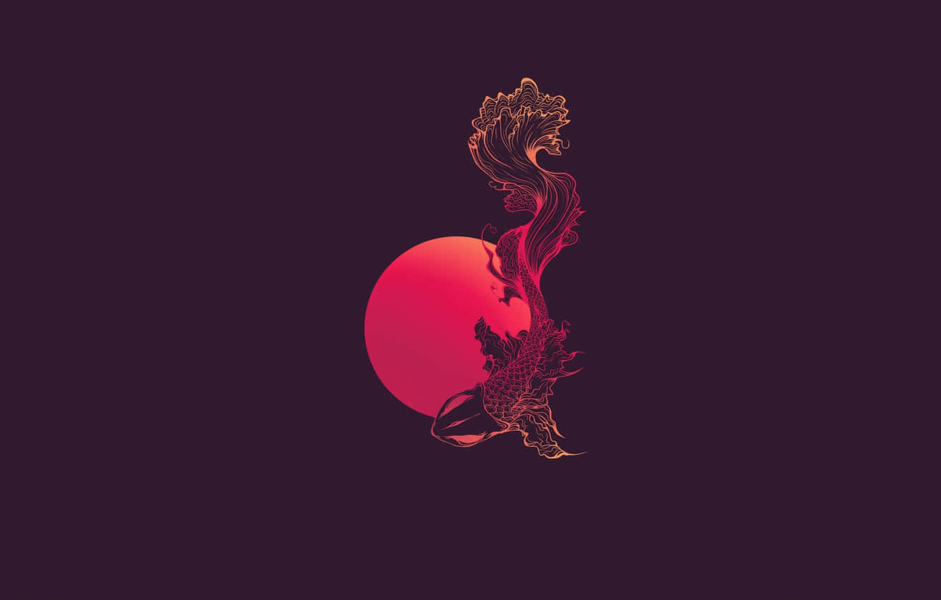Japanese Neon, koi fish, glowing red sun, HD Desktop Wallpaper