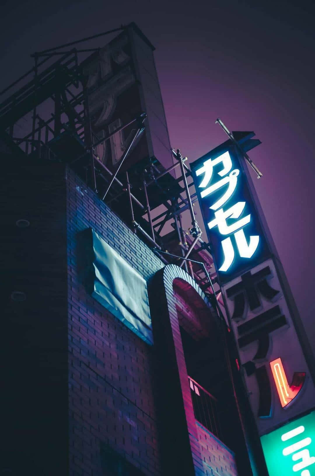 neon-lit Japanese hotel sign, dark purple night sky, brick building, HD Phone Wallpaper