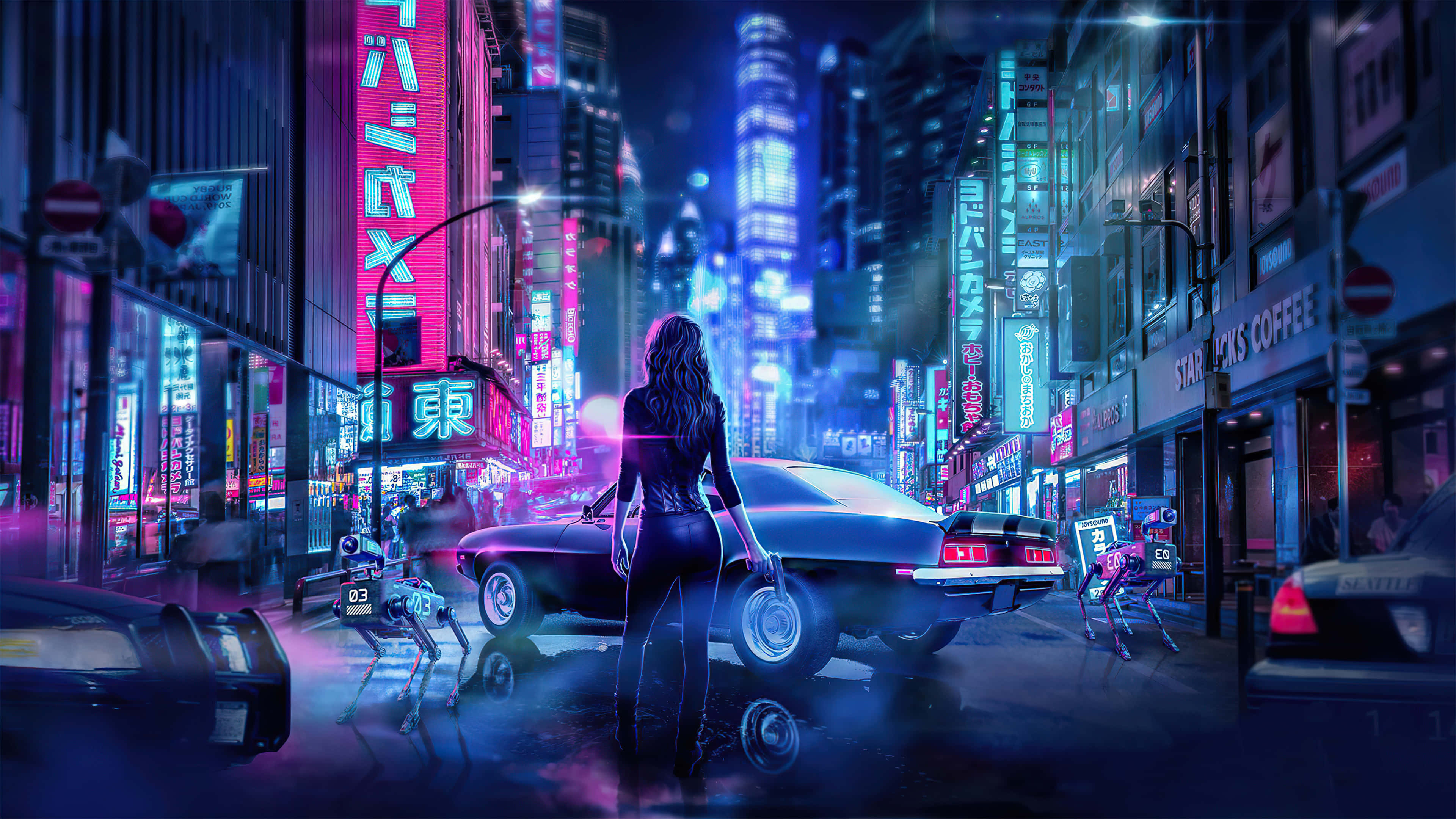 Japanese Neon, neon-drenched cyberpunk city street, night, 4K Desktop Wallpaper