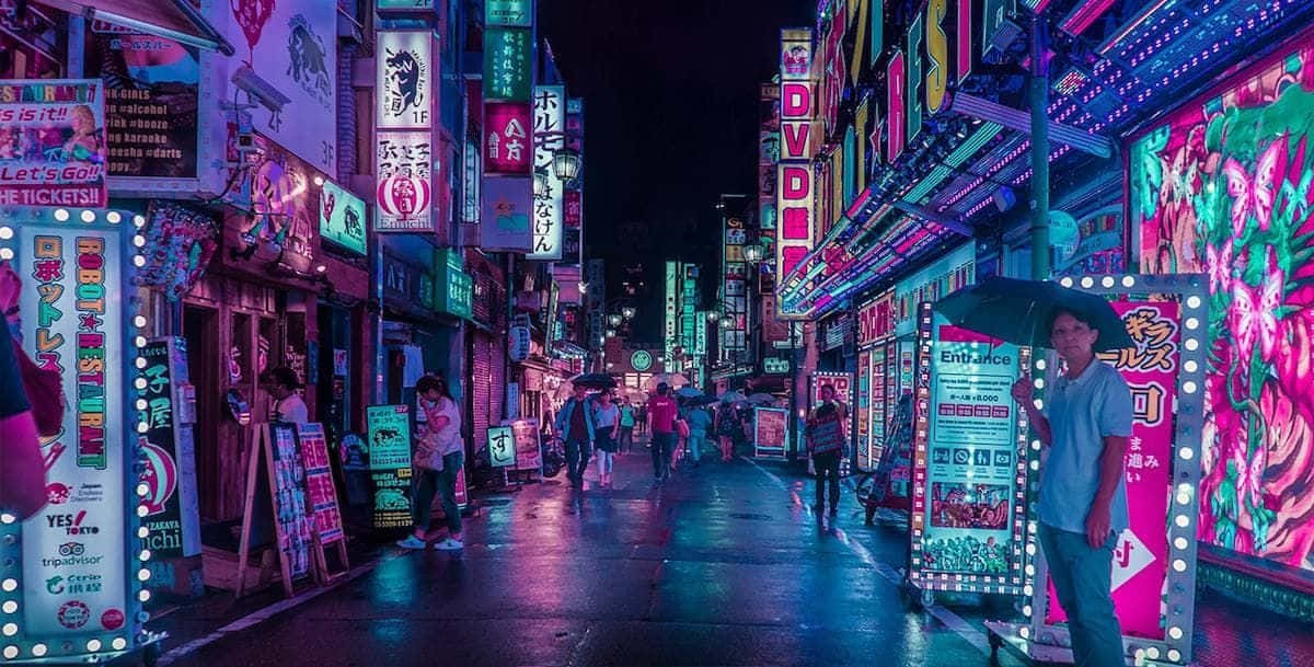 Japanese Neon, neon-lit alleyway, rain-slicked, SD Desktop Wallpaper