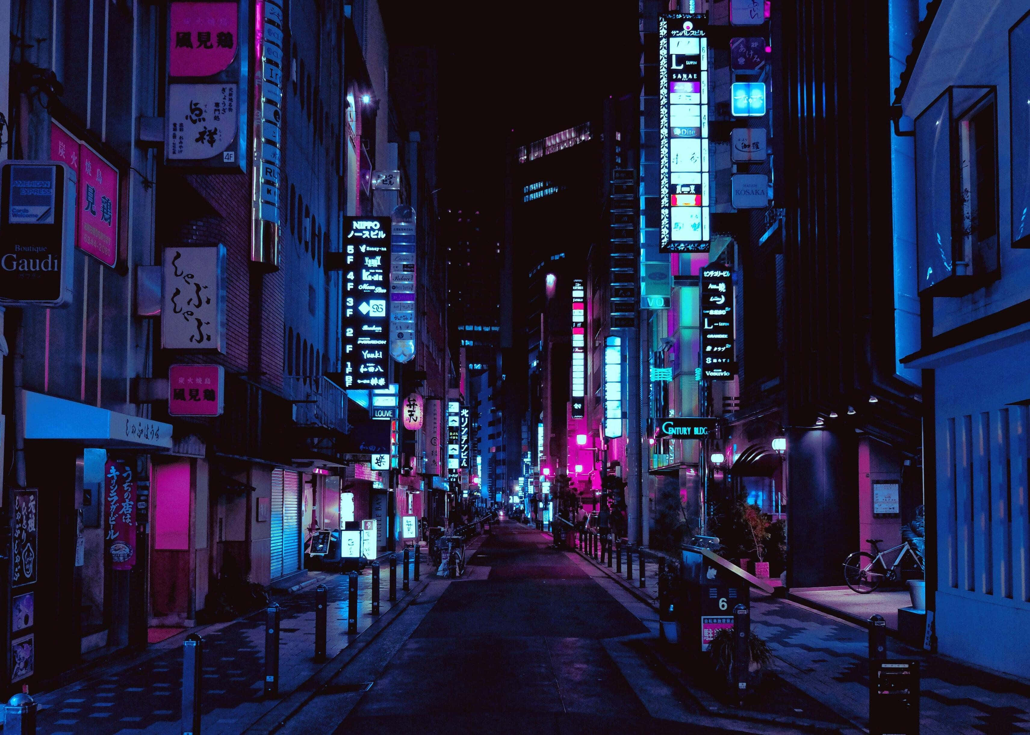 Japanese Neon, neon-lit urban alley, pink and blue signs, 2K Desktop Wallpaper